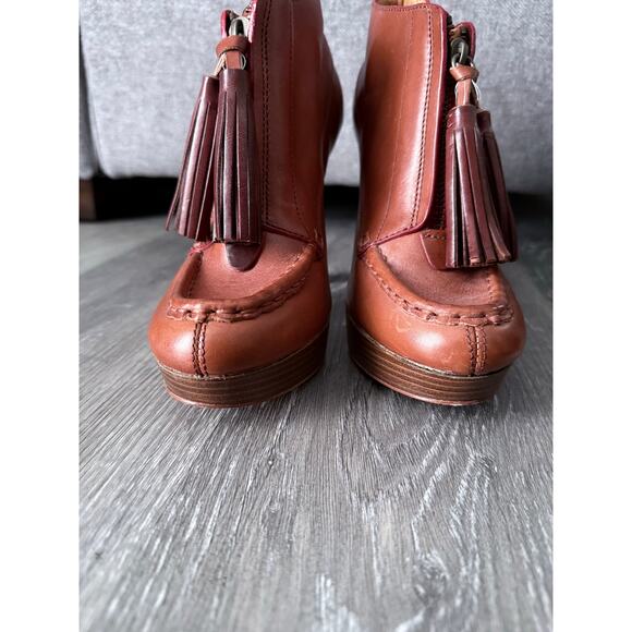 COACH cognac brown supple leather tassel zip front heeled ankle booties boots - Picture 6 of 11